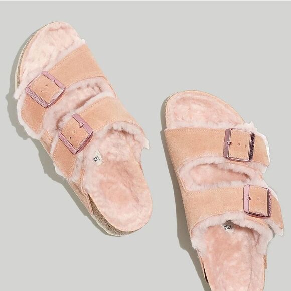 Birkenstock Arizona Suede Shearling Slides- Light Rose